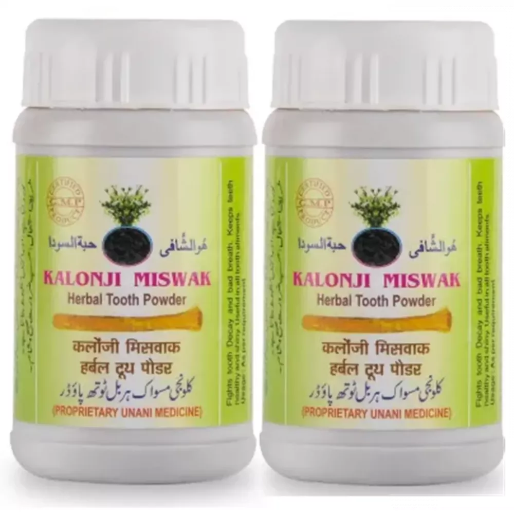Mohammedia Kalonji Miswak Herbal Tooth Powder is an Unani formulation intended for comprehensive oral hygiene, available in a convenient 100g, Pack of 2 Mohammedia Kalonji Miswak Herbal Tooth Powder is an Unani formulation intended for comprehensive oral hygiene, available in a convenient 100g, Pack of 2